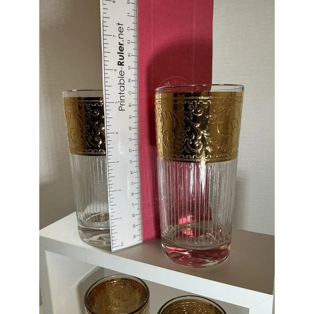 Vintage Gold Encrusted Floral Scroll‎ Highball Glasses Optic Ribbed Set of 4